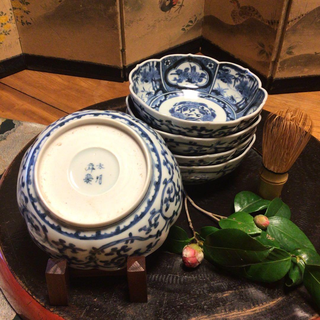 A197 古伊万里　染付見込牡丹唐草　窓絵松竹梅　花唐草　綾花形　膾皿　5客