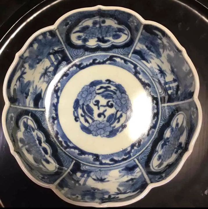 A197 古伊万里　染付見込牡丹唐草　窓絵松竹梅　花唐草　綾花形　膾皿　5客