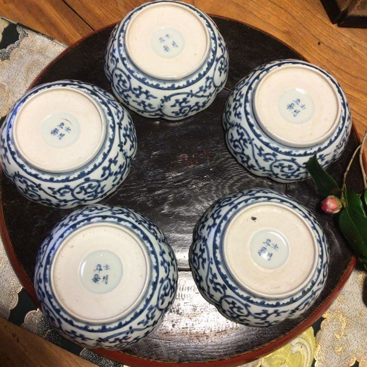 A197 古伊万里　染付見込牡丹唐草　窓絵松竹梅　花唐草　綾花形　膾皿　5客