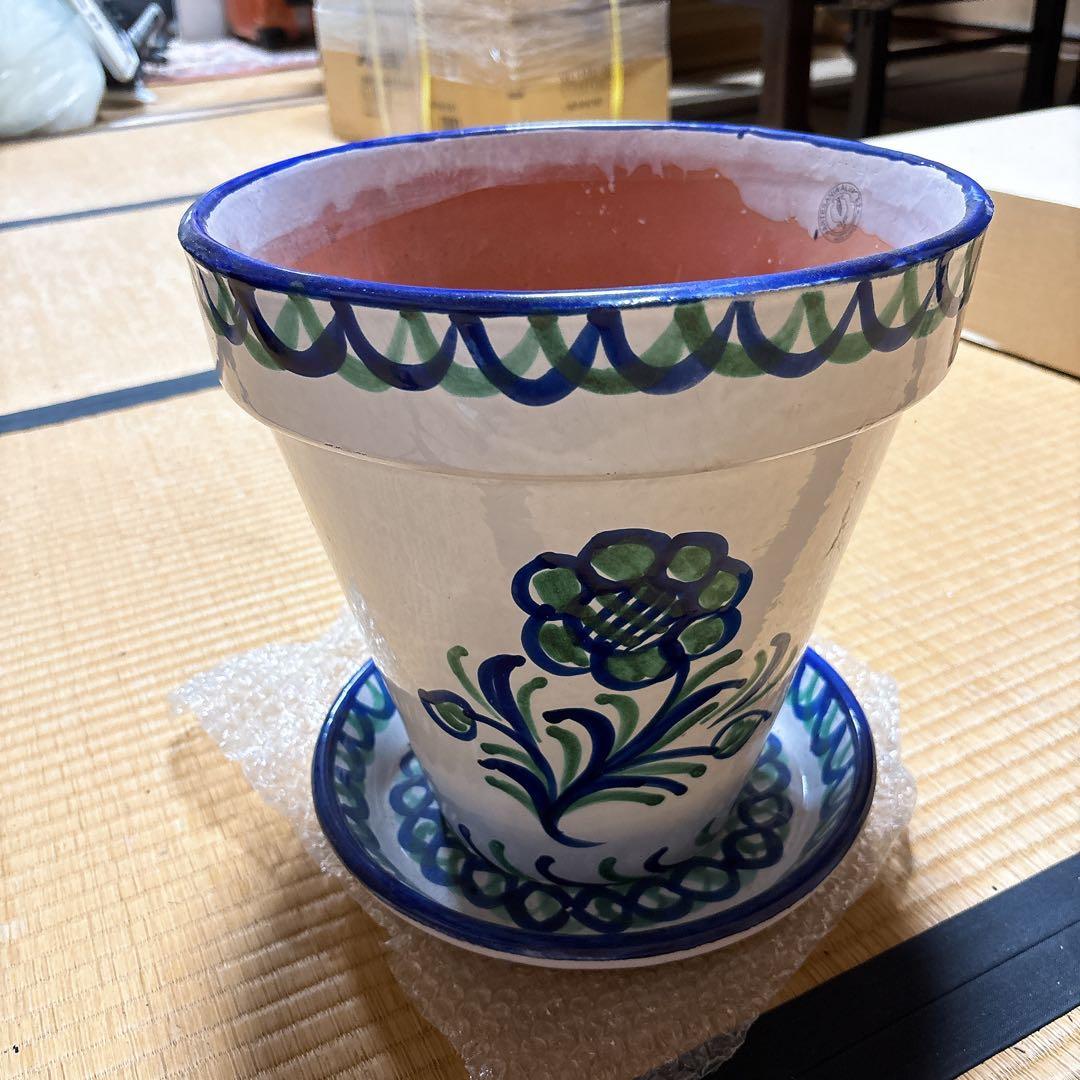 大きい プランター 鉢 陶器 花柄 スペイン 受け皿付 白 洋風 北欧 未使用