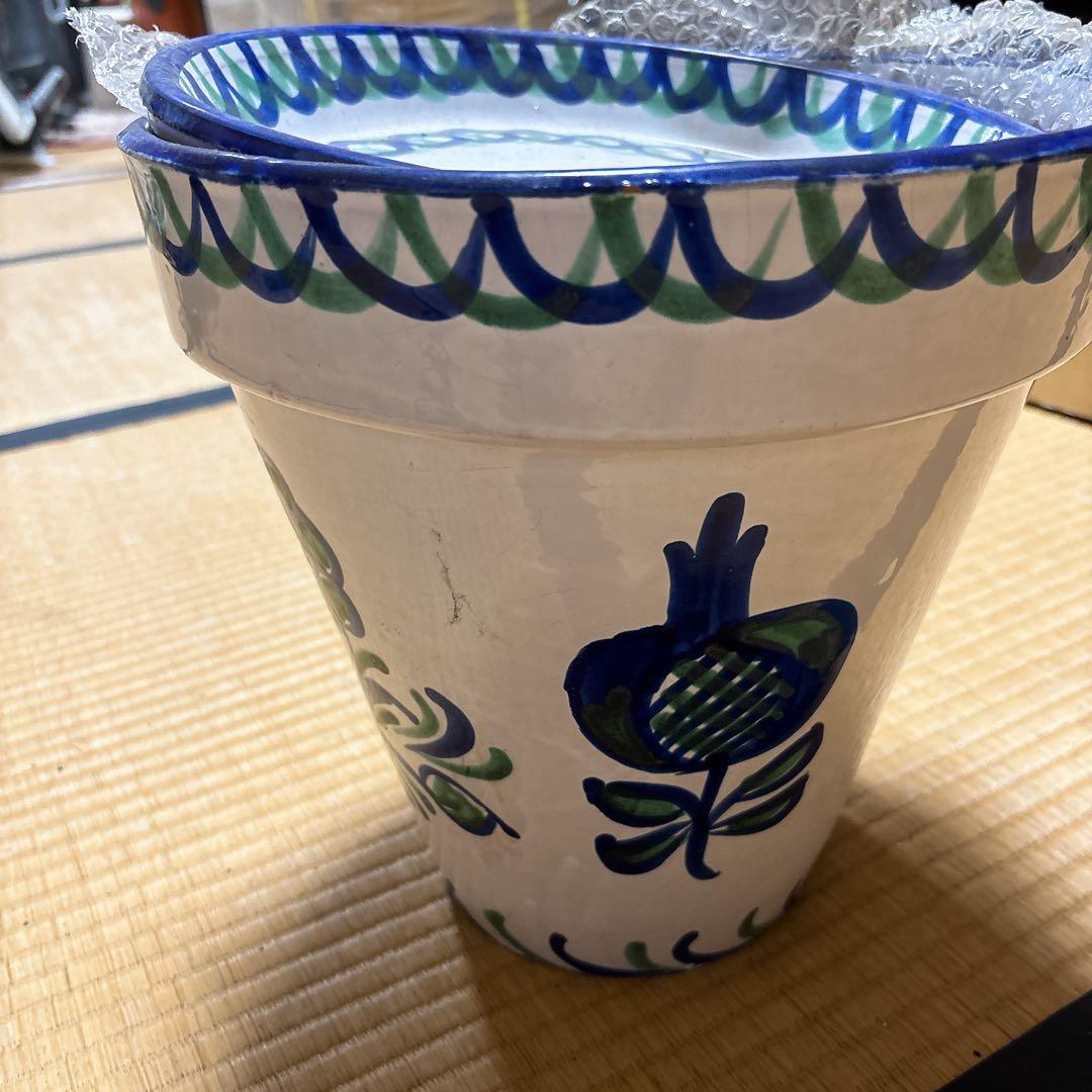 大きい プランター 鉢 陶器 花柄 スペイン 受け皿付 白 洋風 北欧 未使用