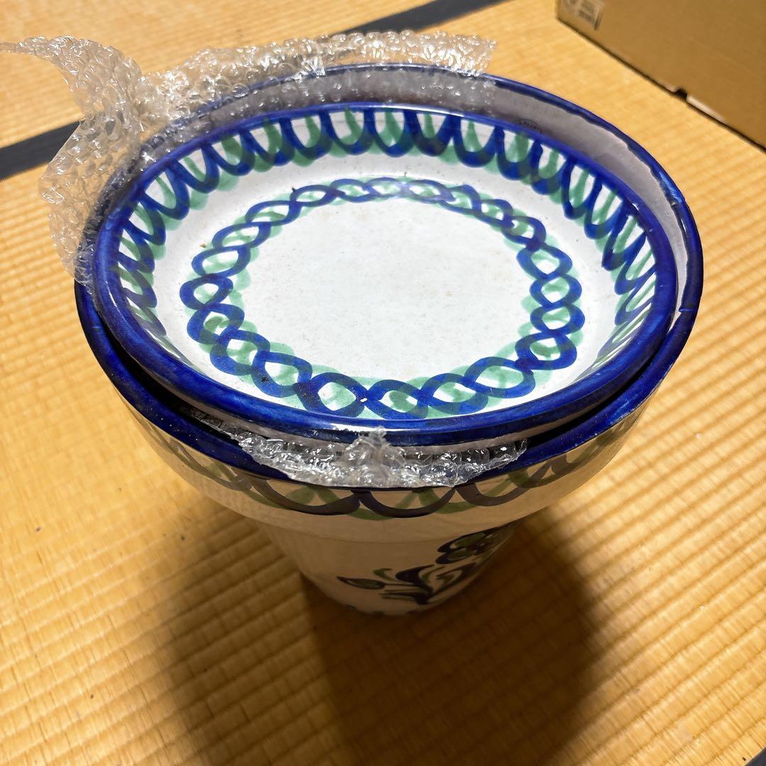大きい プランター 鉢 陶器 花柄 スペイン 受け皿付 白 洋風 北欧 未使用