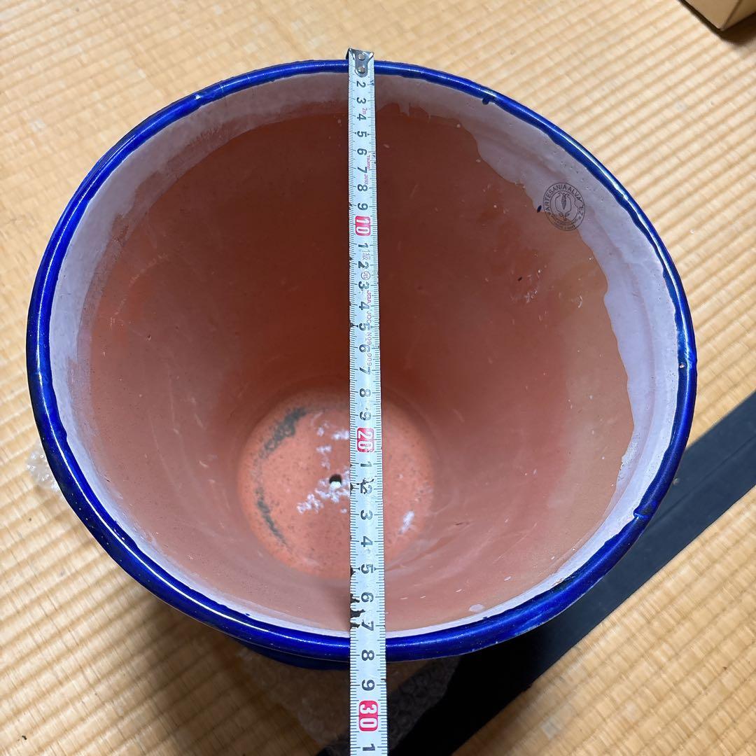 大きい プランター 鉢 陶器 花柄 スペイン 受け皿付 白 洋風 北欧 未使用