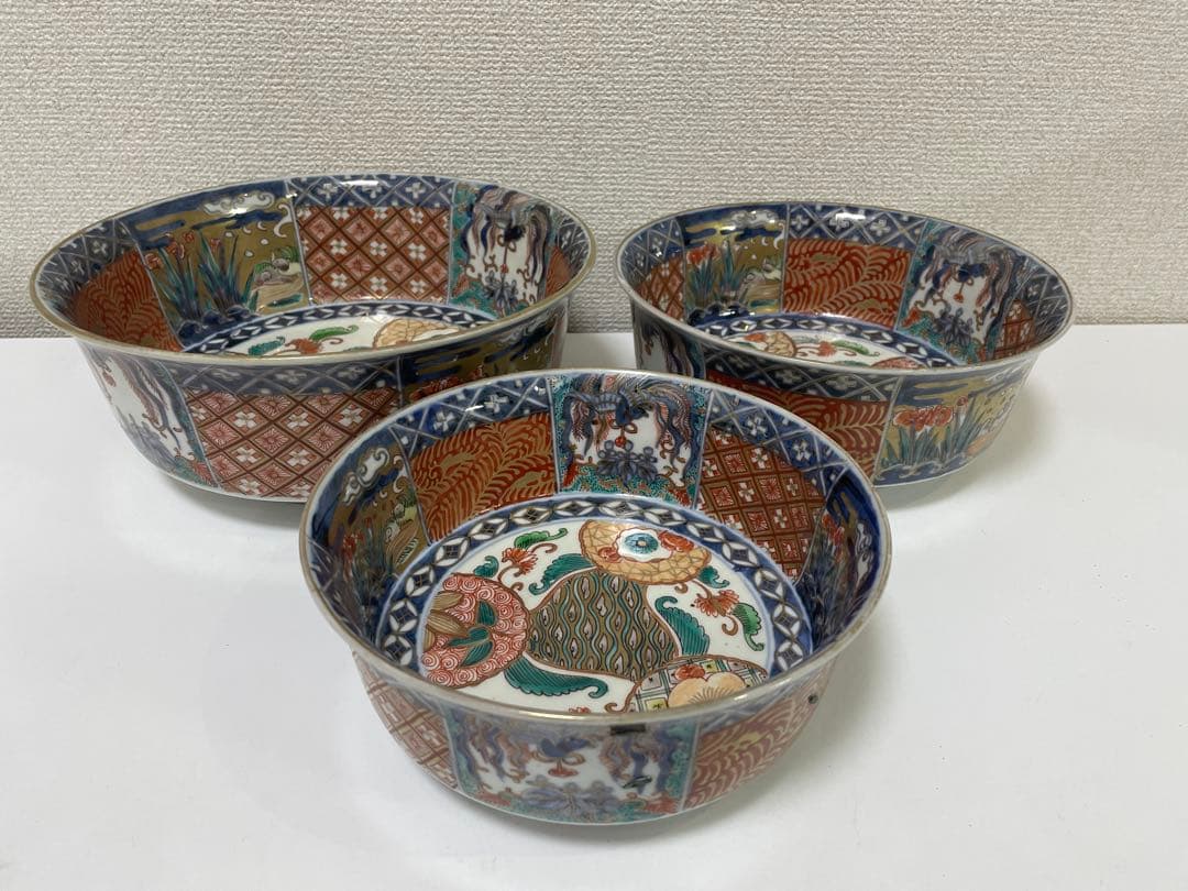 【現状品】古伊万里 有田焼 三ツ鉢 金彩 朱絵 アンティーク 時代物