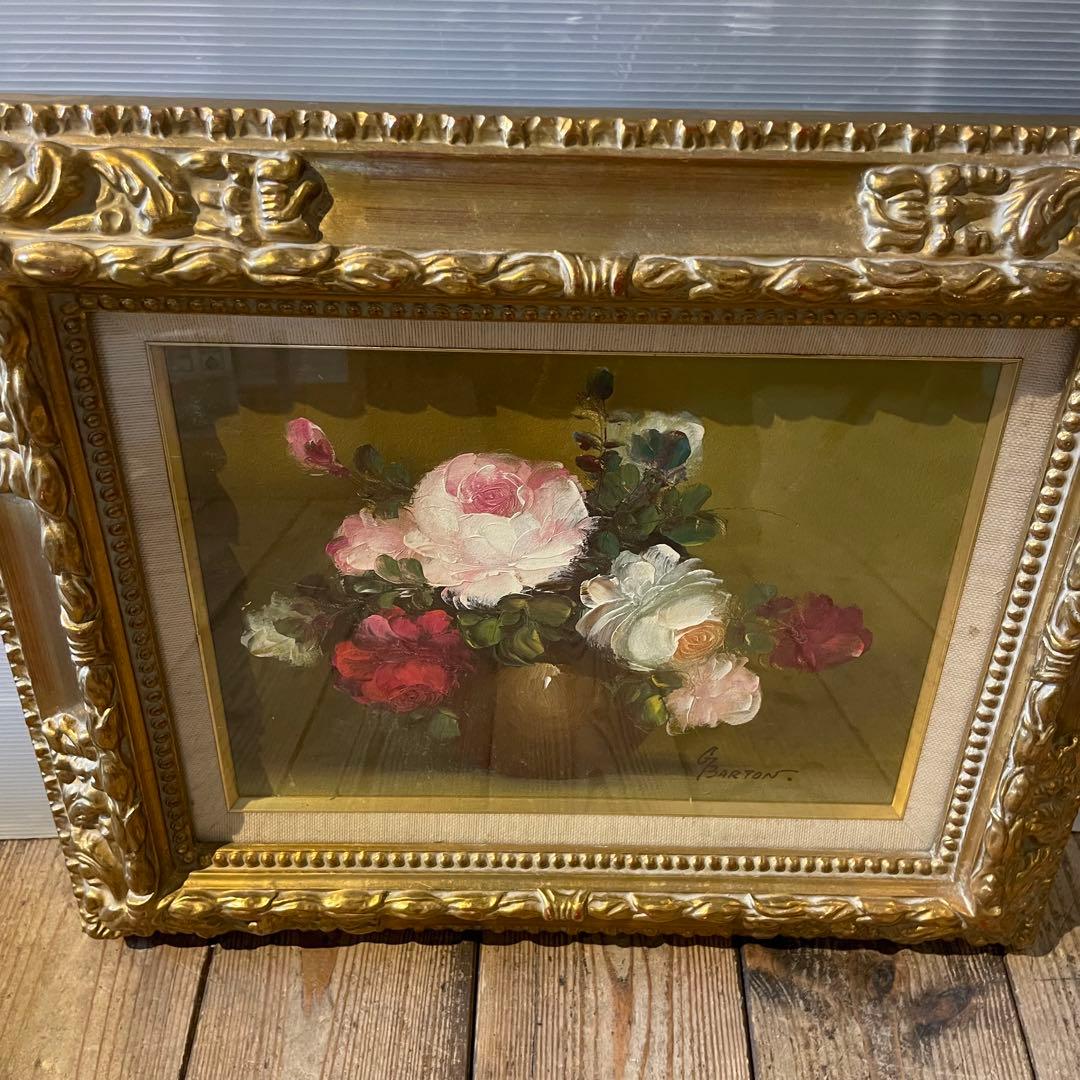 ドイツ人画家/G.Barton『薔薇』/油彩　骨董/バートン/静物画/絵画/額装