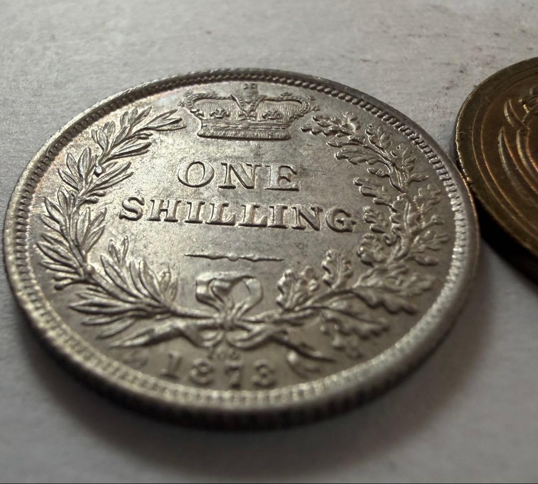 糸*凧様 1873年英国ヤングヴィクトリア女王 シリング銀貨ハイグレード