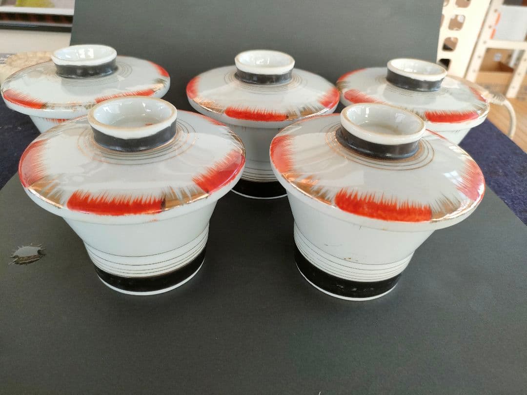 ●有田焼 赤絵金彩 煎茶碗 五客揃 昭和期 茶器セット 骨董 美品