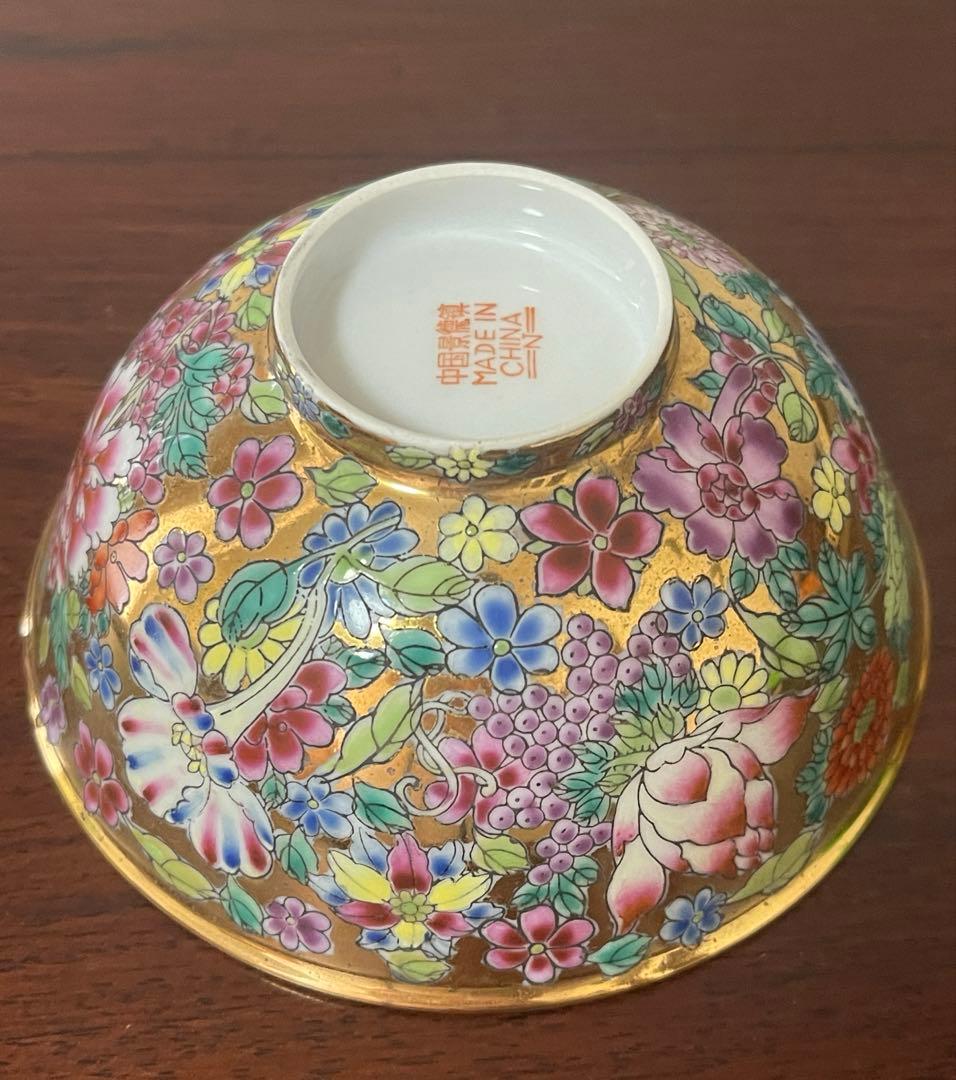 中国景德鎮60～70年代輸出品.金地百花牡丹柄お碗5個セット。希少美品。蔵品。