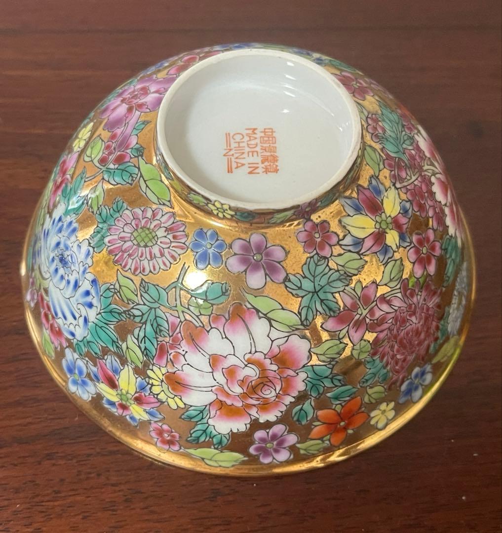 中国景德鎮60～70年代輸出品.金地百花牡丹柄お碗5個セット。希少美品。蔵品。