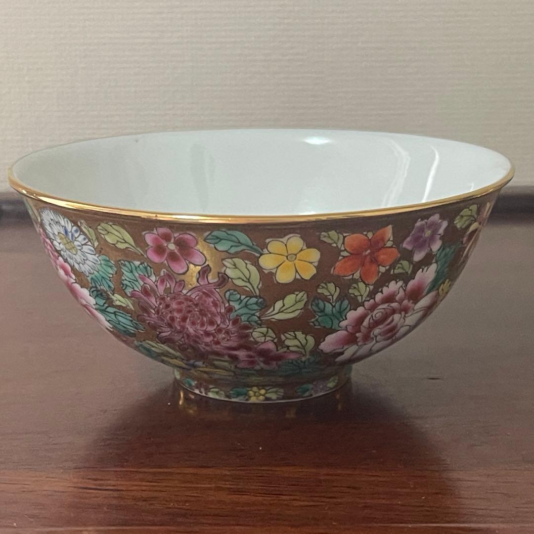 中国景德鎮60～70年代輸出品.金地百花牡丹柄お碗5個セット。希少美品。蔵品。