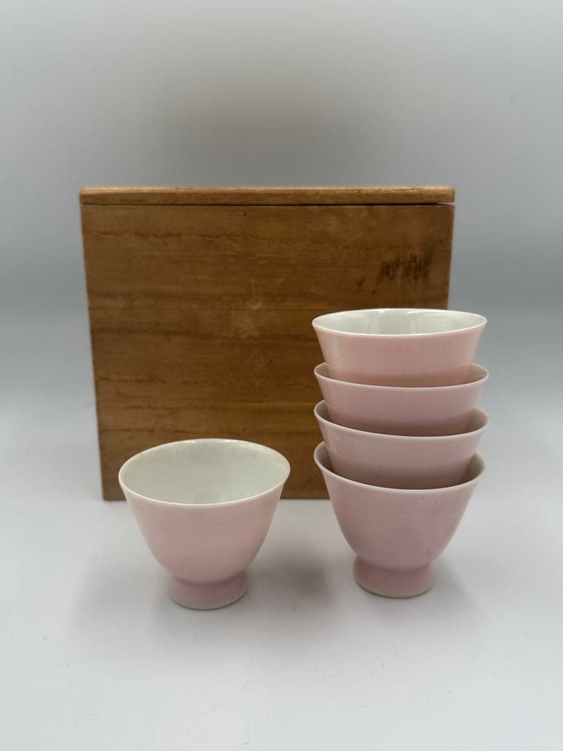 大幅値下げ！　平安　三浦竹泉　煎茶碗　中国美術　ピンク色　珍品　5客セット