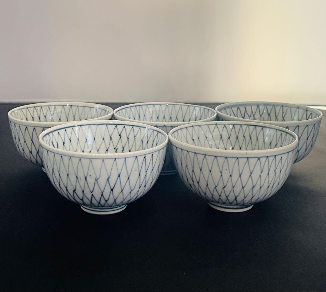 時代物古伊万里染付網目模様「壽」煎茶碗五客セット