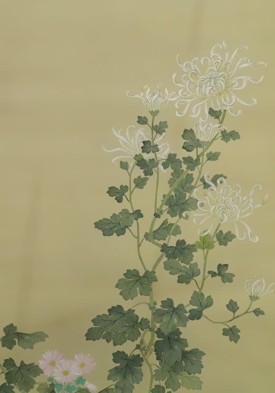 掛軸　稜春　『菊花双雀』　共箱　【花鳥図】