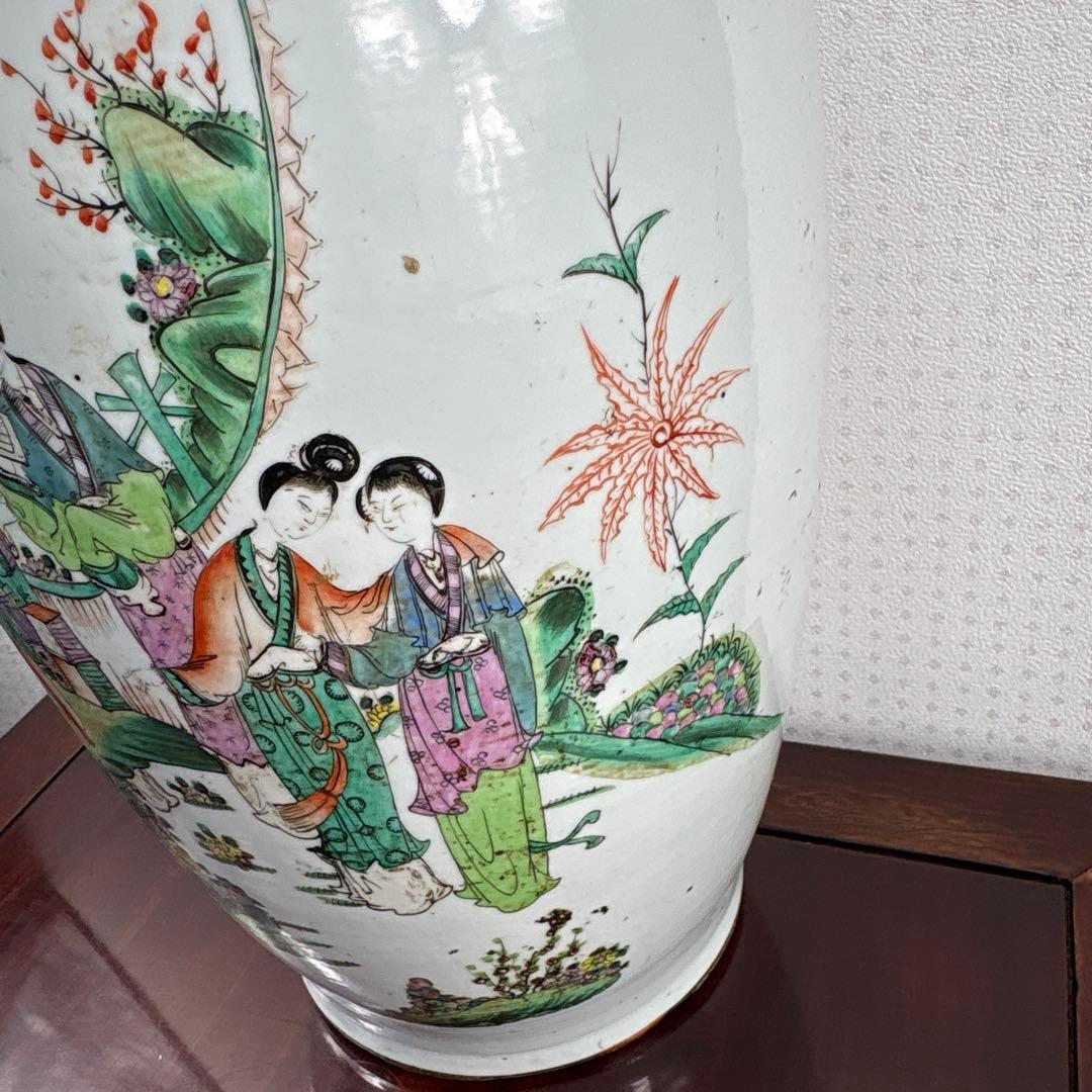 清時代中期 粉彩博古圖紋様 磁器大花瓶 伝世品焼約58cm