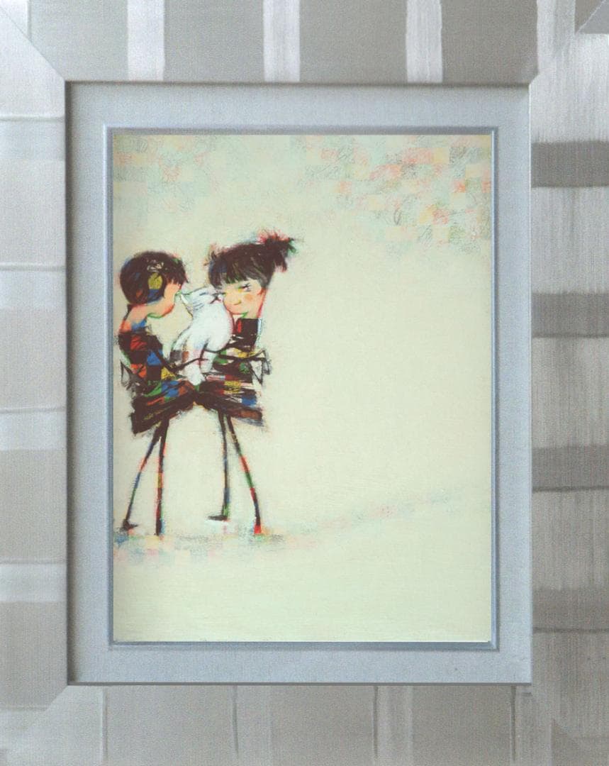 油絵 菅家令子絵 絵画インテリア額付(青緑＋金色の枠)F4-072619猫女の子