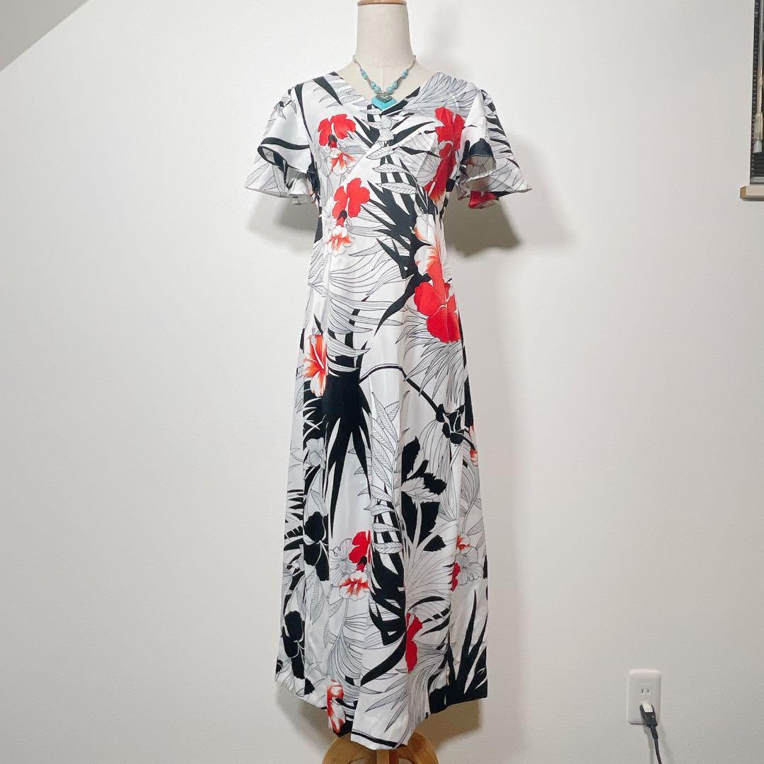 【美品】ホロホロ ハイビスカス柄 フラッタースリーブ フラダンスドレス ハワイ製