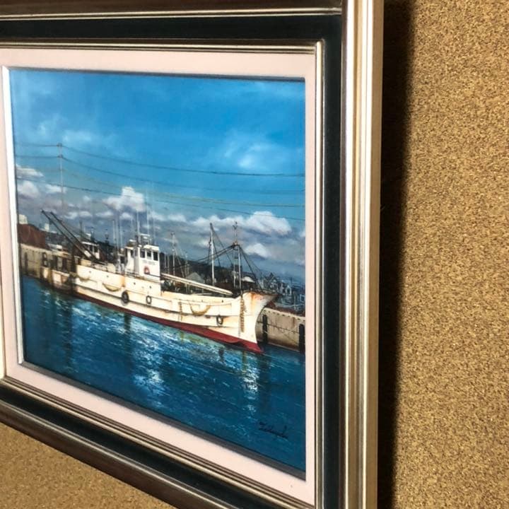油絵　絵画　鈴木通『岸壁の漁船』