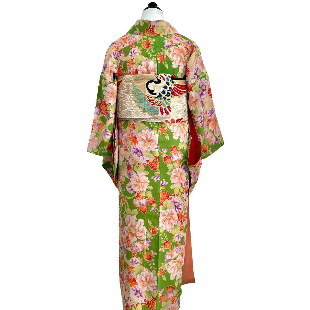若草色 アンティーク着物 縮緬 ジュニア 十三詣り NO26