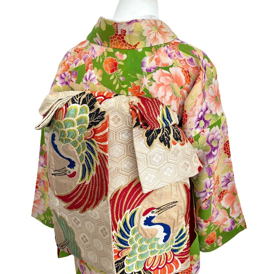 若草色 アンティーク着物 縮緬 ジュニア 十三詣り NO26