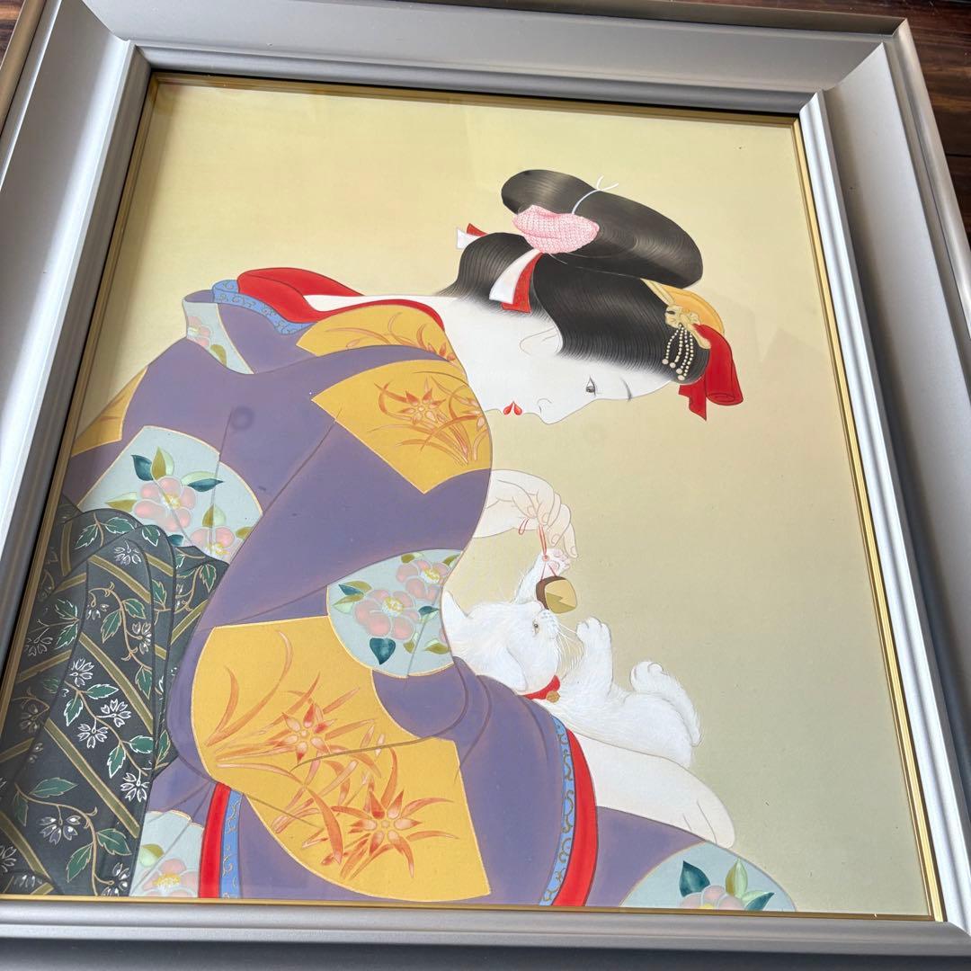 堀江浮水 (堀江豊生)「愛猫」額装 共シール 美人画 日本画 A