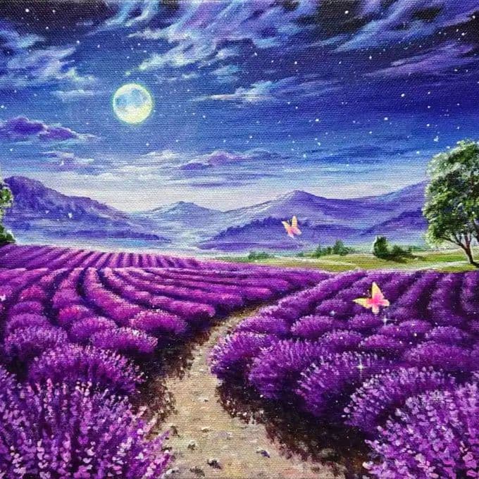 【ラベンダーの夜】アクリル画 F3 風景画 絵画