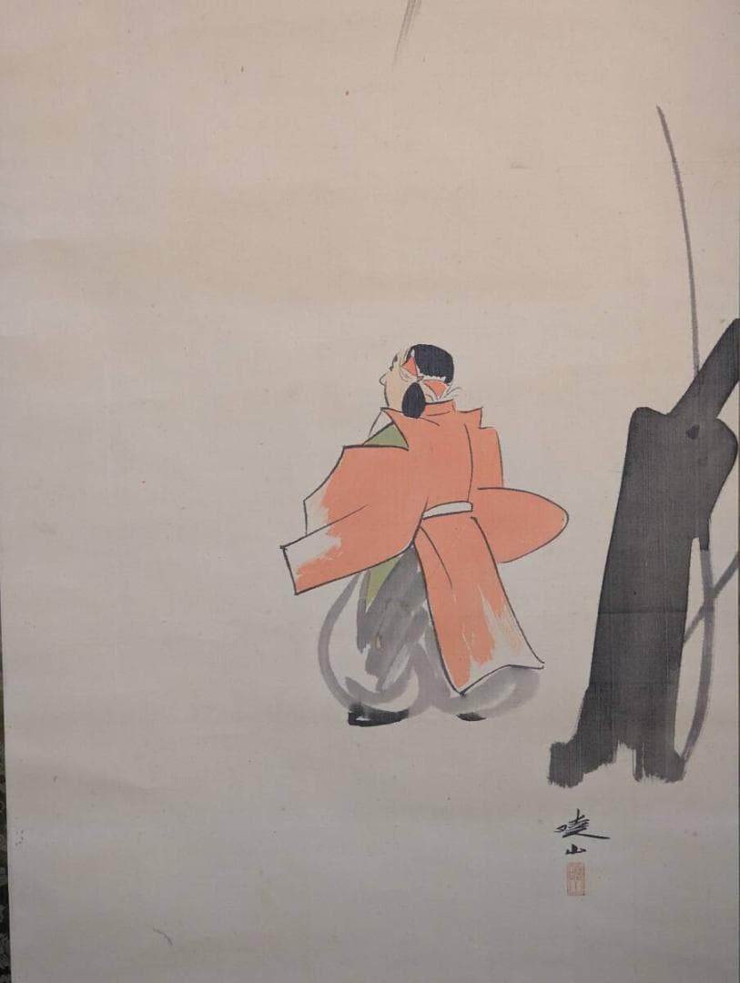 【真作】掛軸　棚田暁山　月下梅人物図　雅趣彩色画　古画調　共箱入　U123