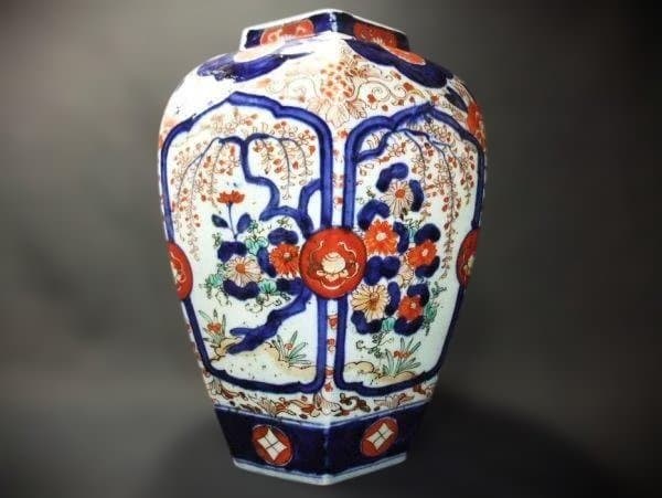 古伊万里 染付 色絵 花文 六角 花生 花瓶 時代物 骨董