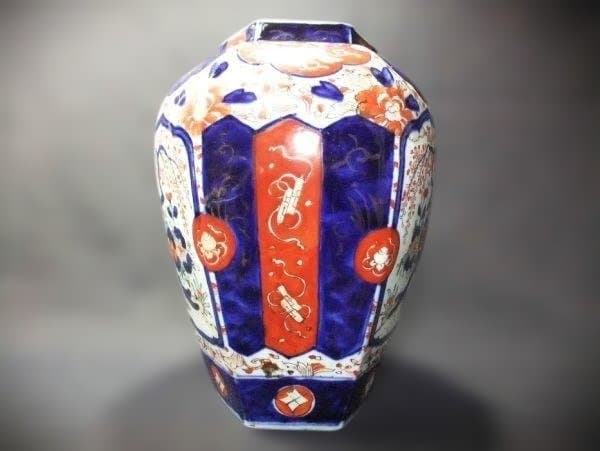 古伊万里 染付 色絵 花文 六角 花生 花瓶 時代物 骨董