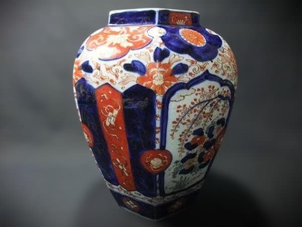 古伊万里 染付 色絵 花文 六角 花生 花瓶 時代物 骨董