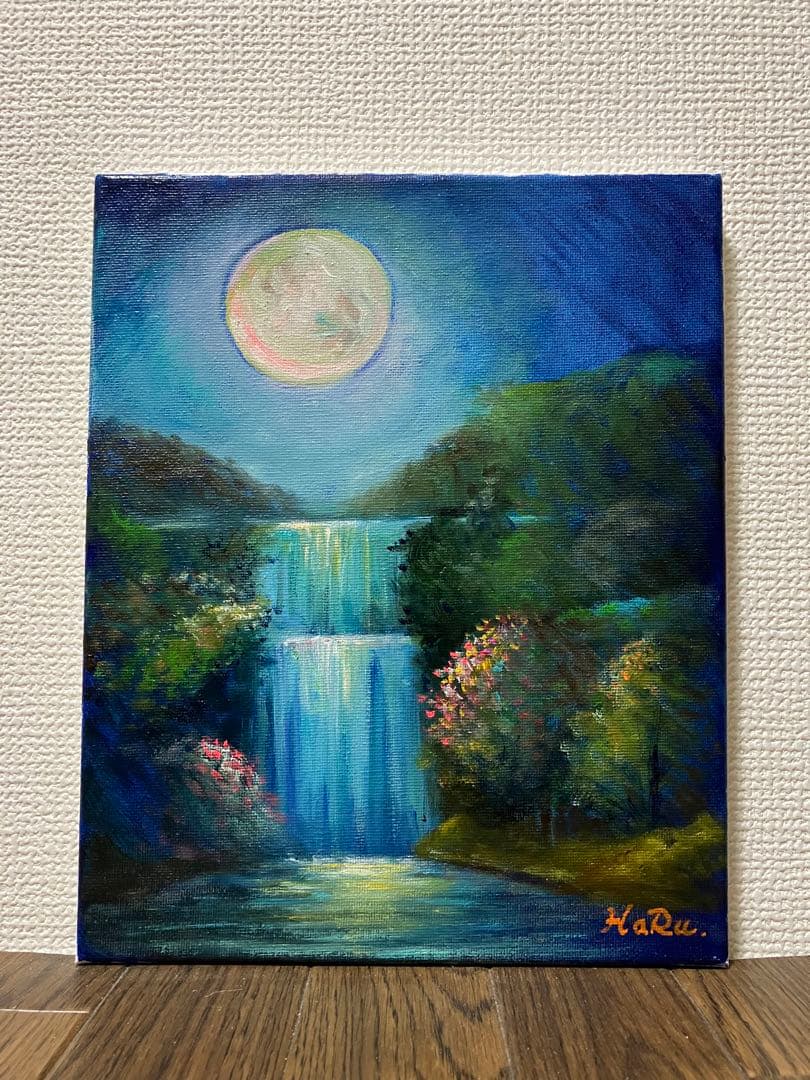 ☆ HaRu 神秘的 風景 満月 滝 1点物 真作 原画 絵画 油絵 ♪ F3