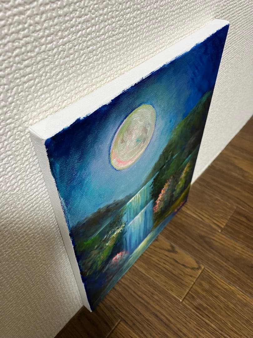 ☆ HaRu 神秘的 風景 満月 滝 1点物 真作 原画 絵画 油絵 ♪ F3