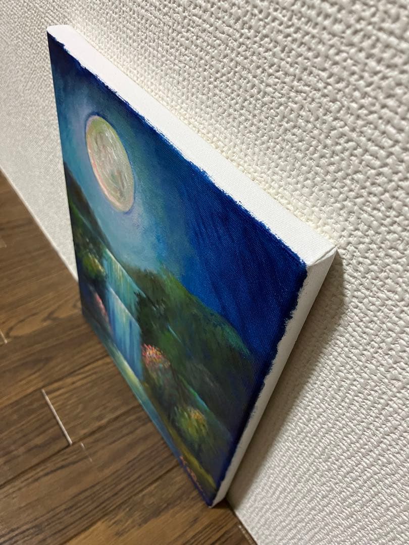☆ HaRu 神秘的 風景 満月 滝 1点物 真作 原画 絵画 油絵 ♪ F3