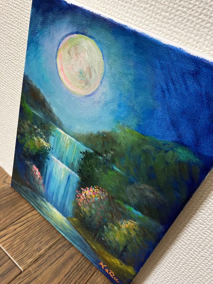 ☆ HaRu 神秘的 風景 満月 滝 1点物 真作 原画 絵画 油絵 ♪ F3
