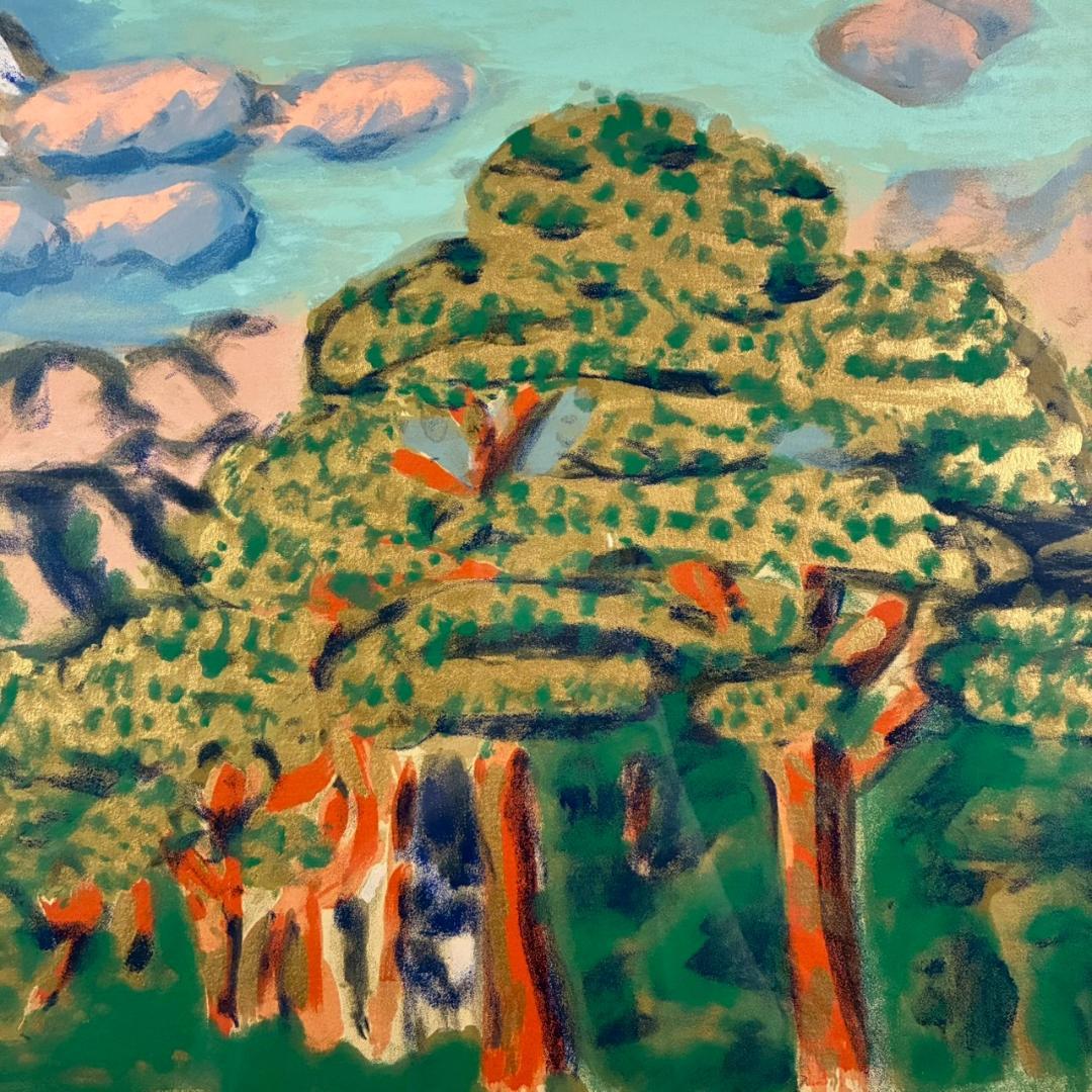 梅原龍三郎「松に富士山」リトグラフ 印章有 額縁入り 風景画 文化勲章受章