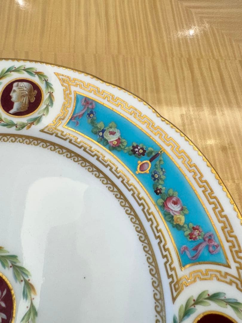 ミントン 1860年頃 金彩トルコ石ブルー花のガーランド プレート　ターコイズ