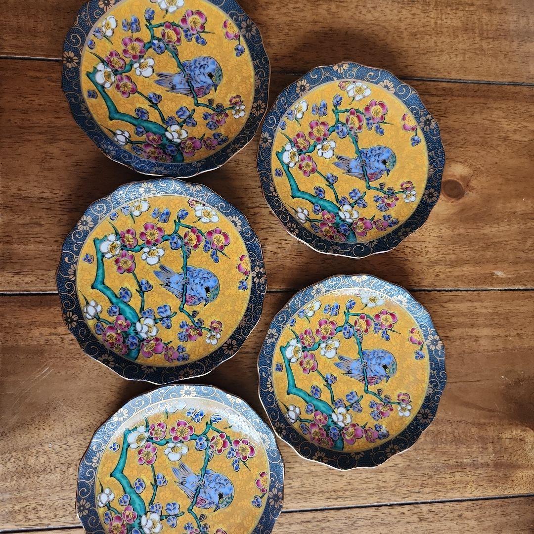 九谷焼　正峰造 花鳥4号皿揃 [吉田屋/青粒テッセン］