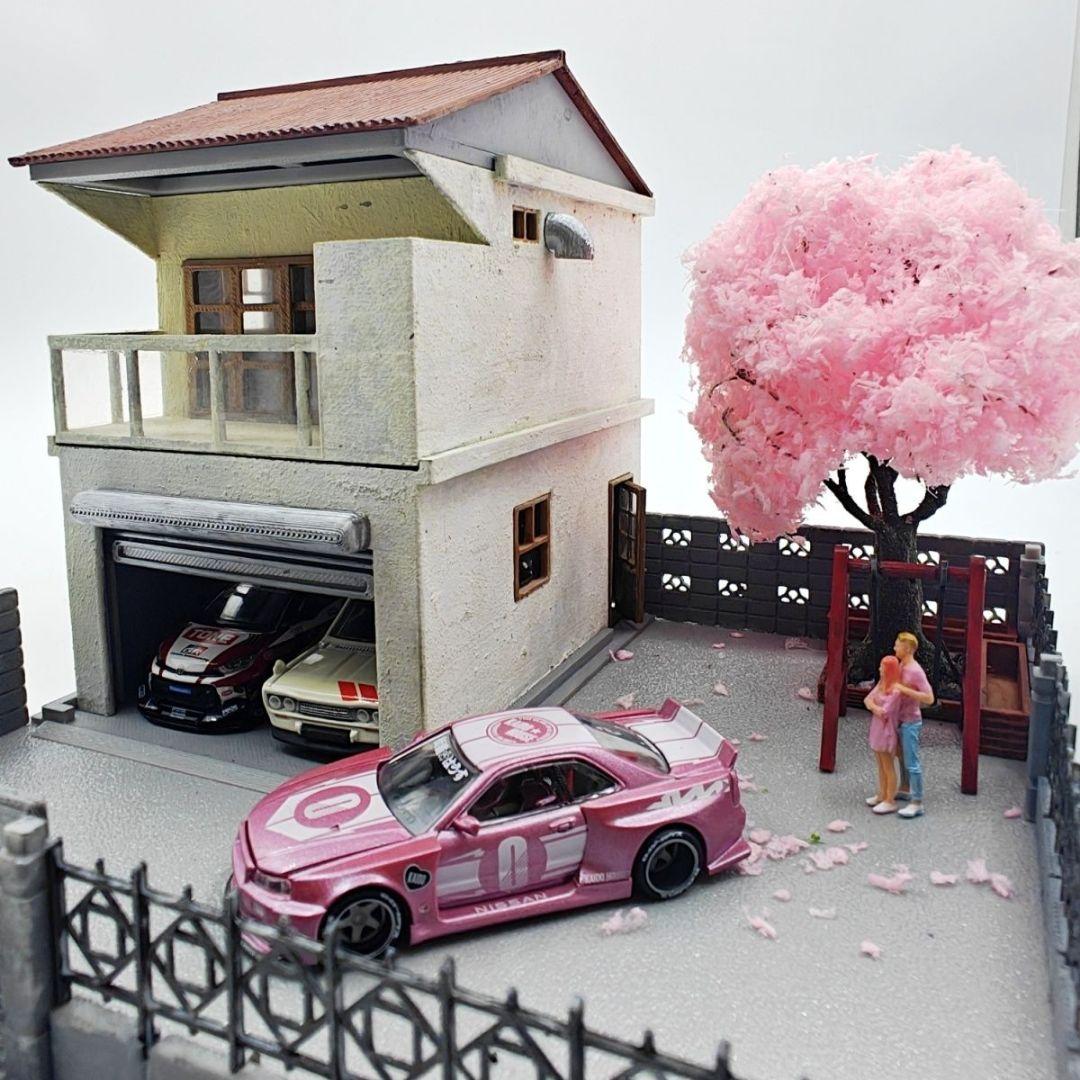 1/64 完成品 手作り 日本家屋 ガレージ 桜 情景ジオラマ ミニカー