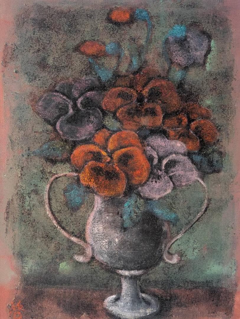 【真作】絵画　加藤啓子　油彩4号　パンジー　静物画　落ち着いた色調　Z4