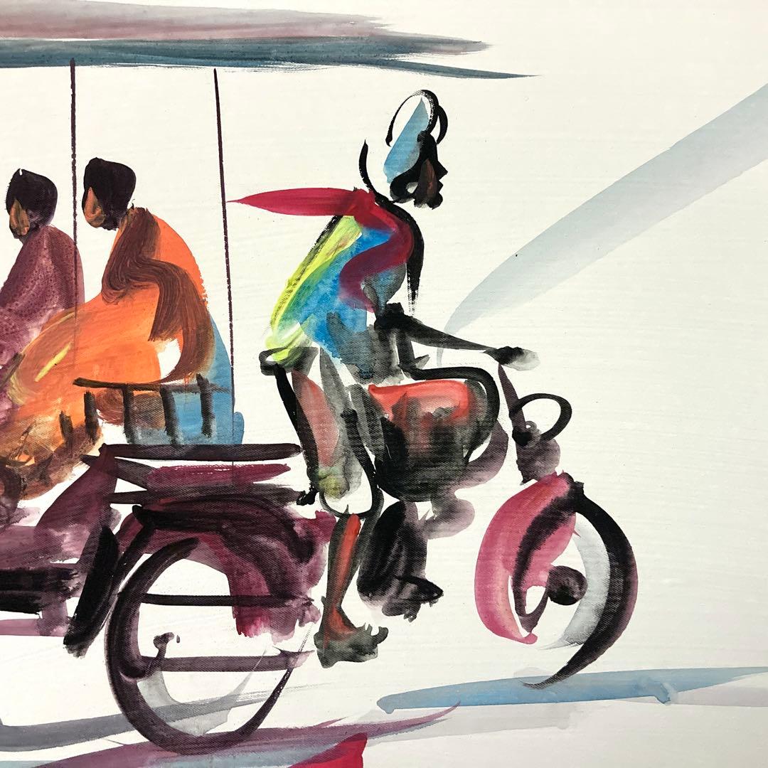 【カンボジアで購入】絵画 人力車 僧侶 アート フレーム付き アクリル