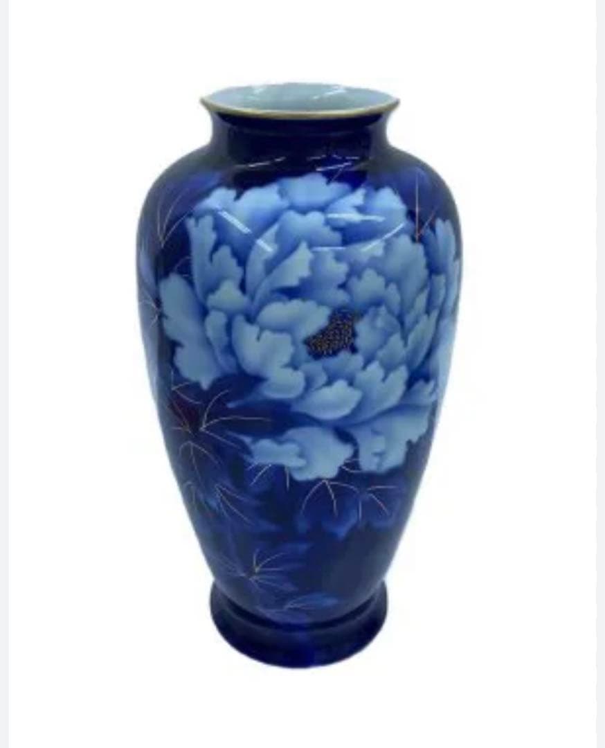 【 宮内庁御用達・保管品 】 深川製磁 瑠璃牡丹 金彩14号 花瓶38cm