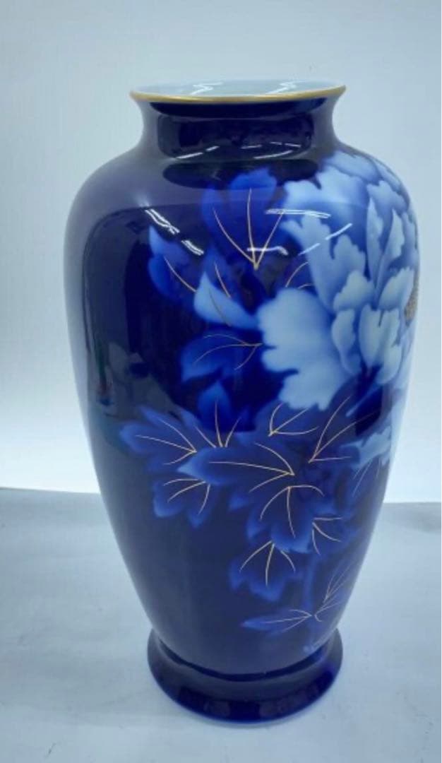 【 宮内庁御用達・保管品 】 深川製磁 瑠璃牡丹 金彩14号 花瓶38cm