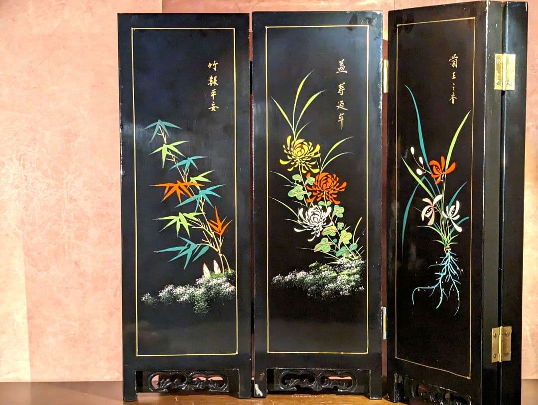 屏風　中国玉石装飾細工　春夏秋冬　　　　　骨董美術品　古美術品