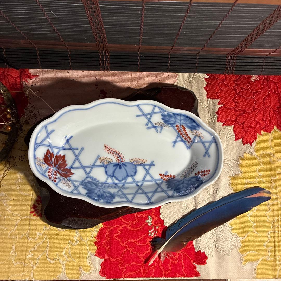 骨董　有田焼　伊万里　桐葉　竹柵　舟型皿　豆皿　２種４客　名陶　オールド香蘭社②