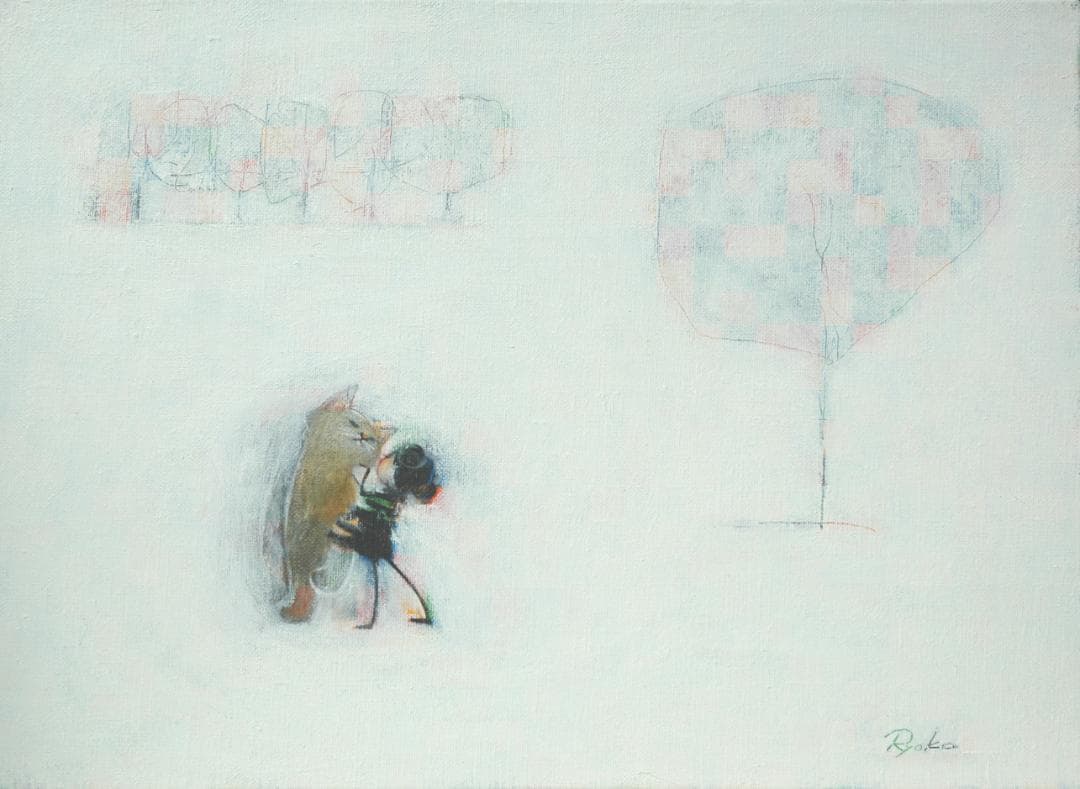 油絵 菅家令子 絵 絵画インテリア額付(銀) F4-090818 子猫子犬女の子