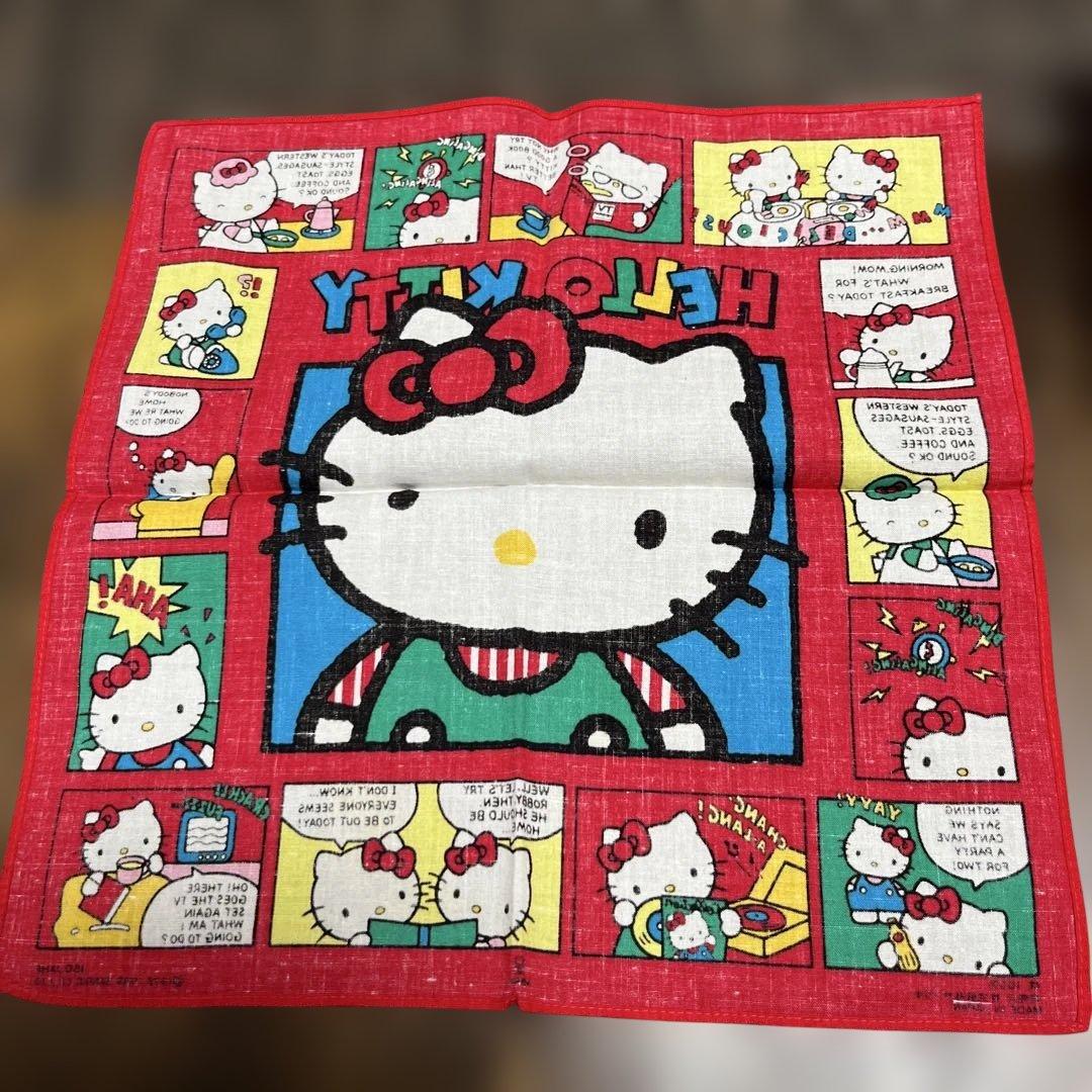 1989年　サンリオ　Sanrio ハローキティ 全部英語の14コマ漫画ハンカチ