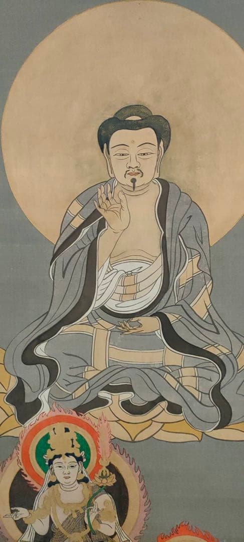 掛軸 釈迦三尊図 銘有 共木箱付