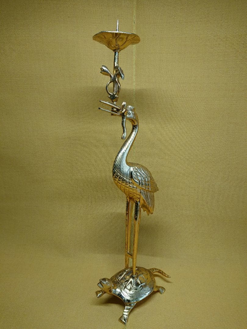 【美品】仏教美術　本金メッキ　鶴　亀　燭台　銅製　置物　インテリア　工芸品