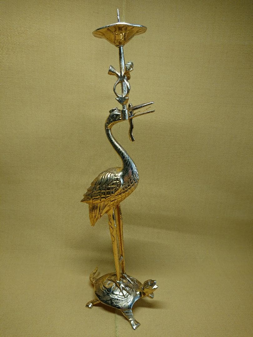 【美品】仏教美術　本金メッキ　鶴　亀　燭台　銅製　置物　インテリア　工芸品