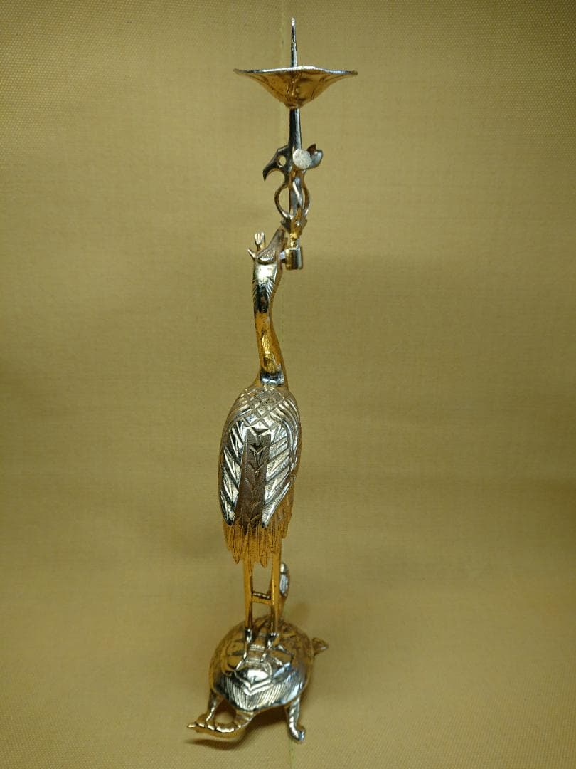 【美品】仏教美術　本金メッキ　鶴　亀　燭台　銅製　置物　インテリア　工芸品