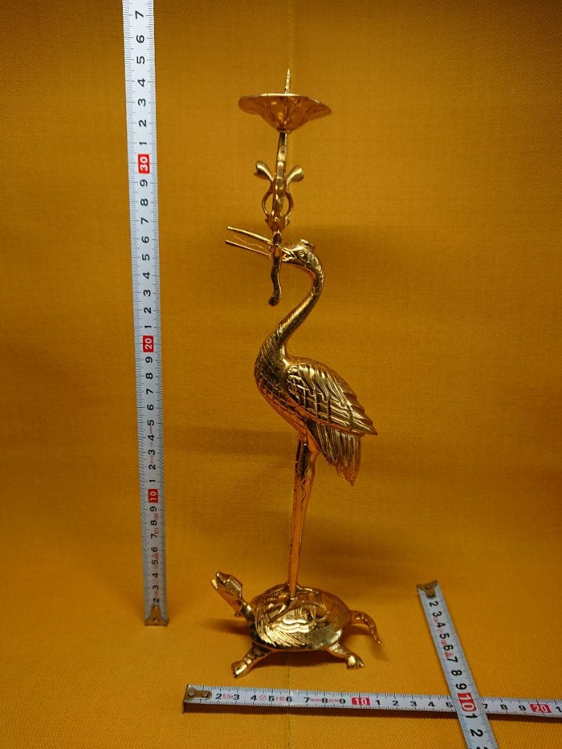 【美品】仏教美術　本金メッキ　鶴　亀　燭台　銅製　置物　インテリア　工芸品
